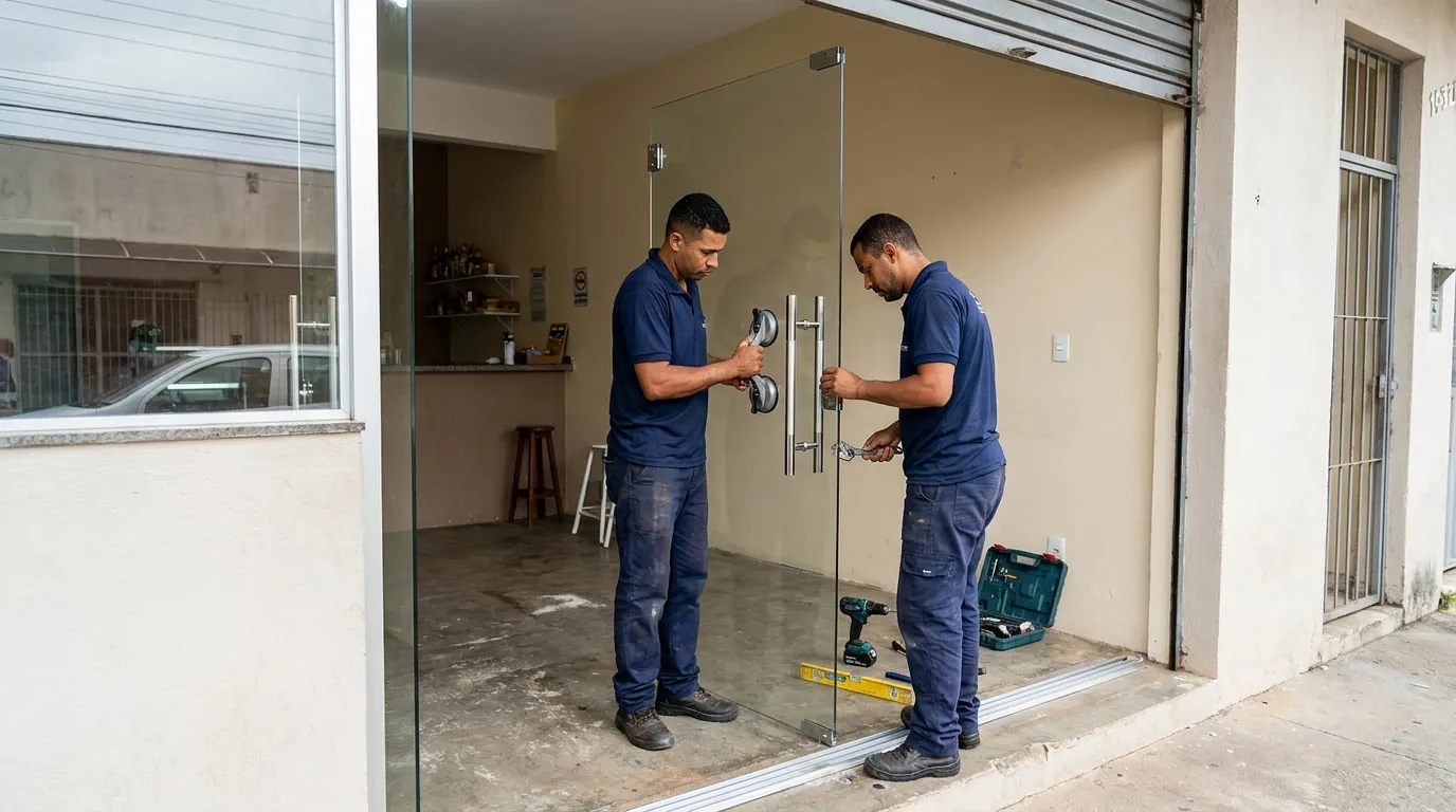 Montagem de portas de vidro pela equipe